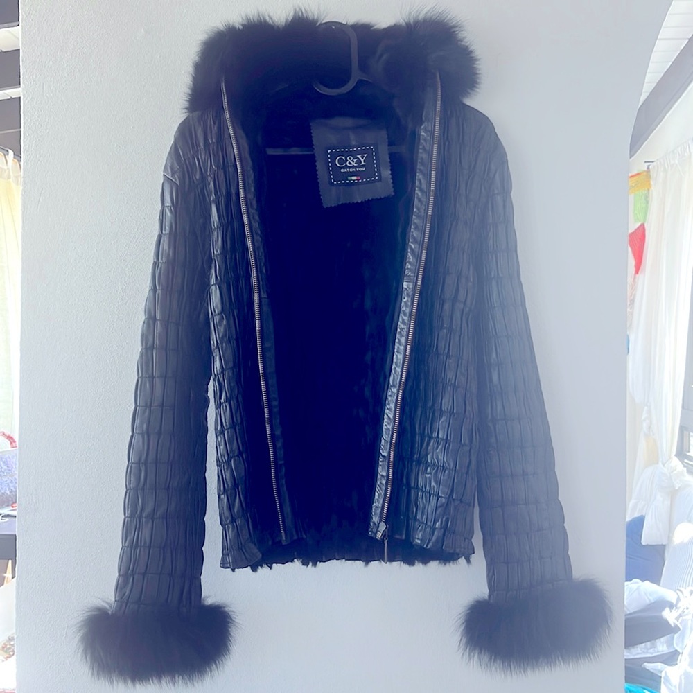C&Y catch you rabbit fur leather coat. Made in Italy.